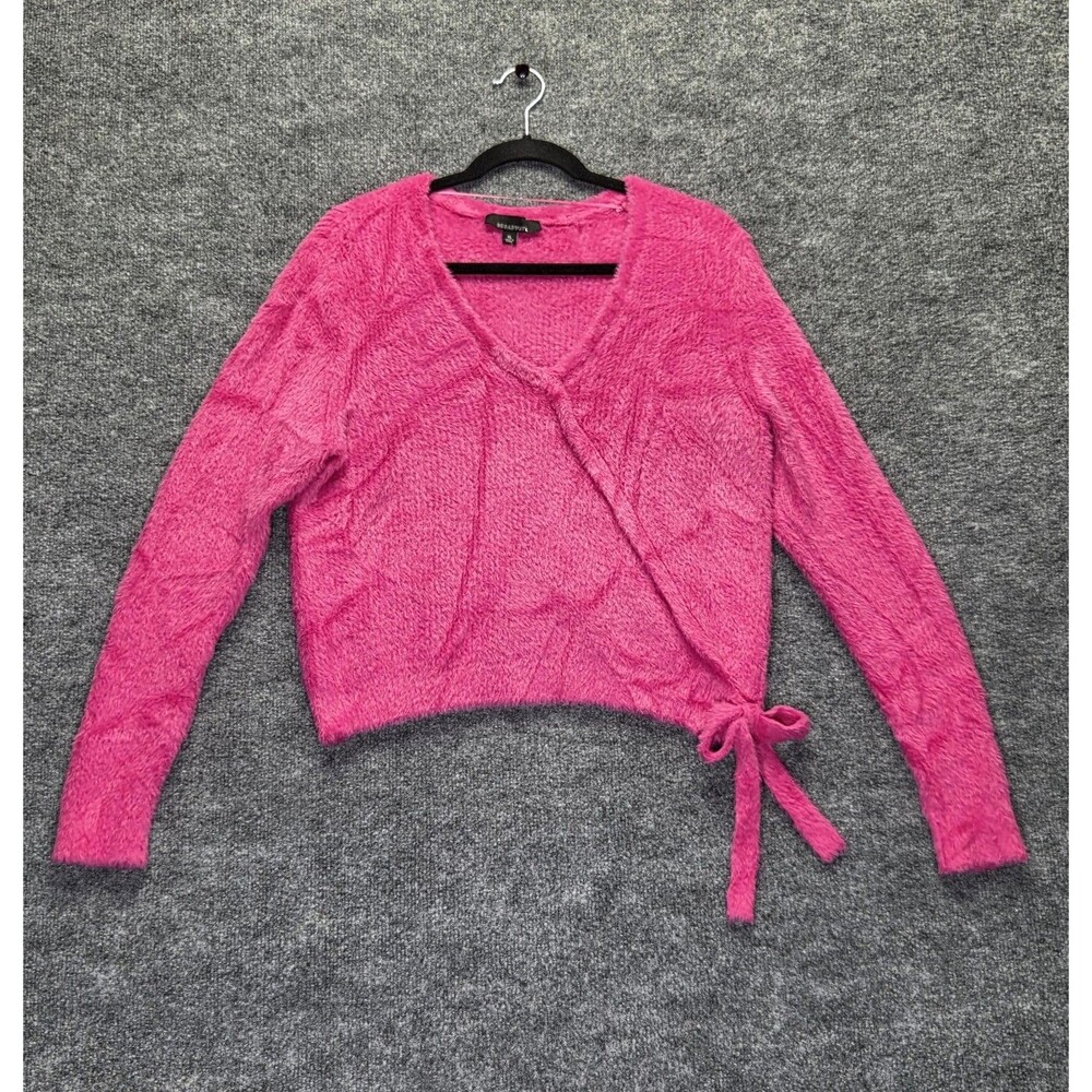 Broadway Sweater Womens XL Pink Fuzzy Faux Wrap Tie Pullover Soft Crop Cozy Top